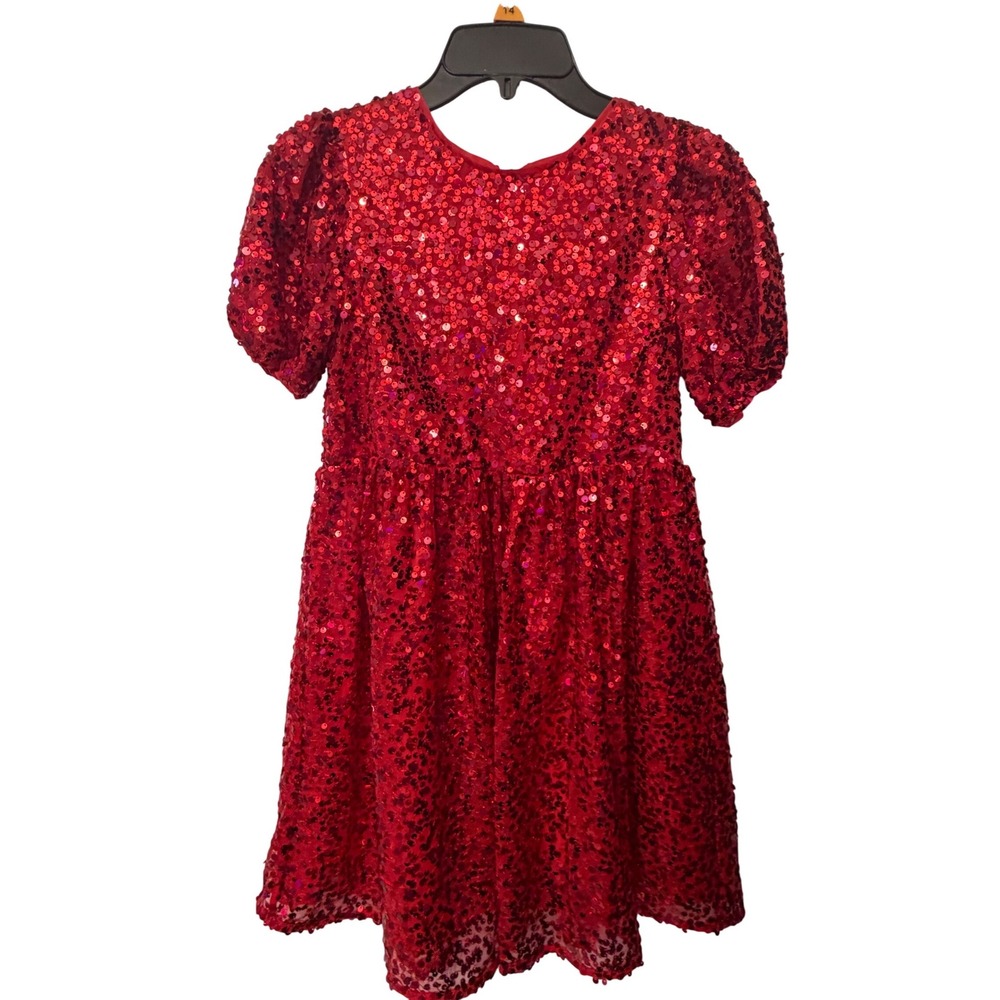 Cat Jack Red Sequin Puff Sleeve Dress Girls Size L 10 12 Party Holiday Glam